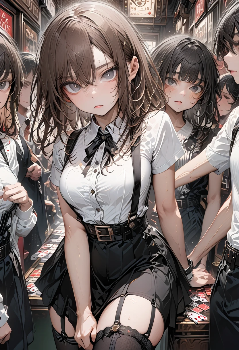  ai-generated,Black Skirt, 　suspenders, Brown Hair、Grey Eyes, Put garters on the legs, Tight clothing, 　　 belt　Underarm sweating　　poker face　Medium chest