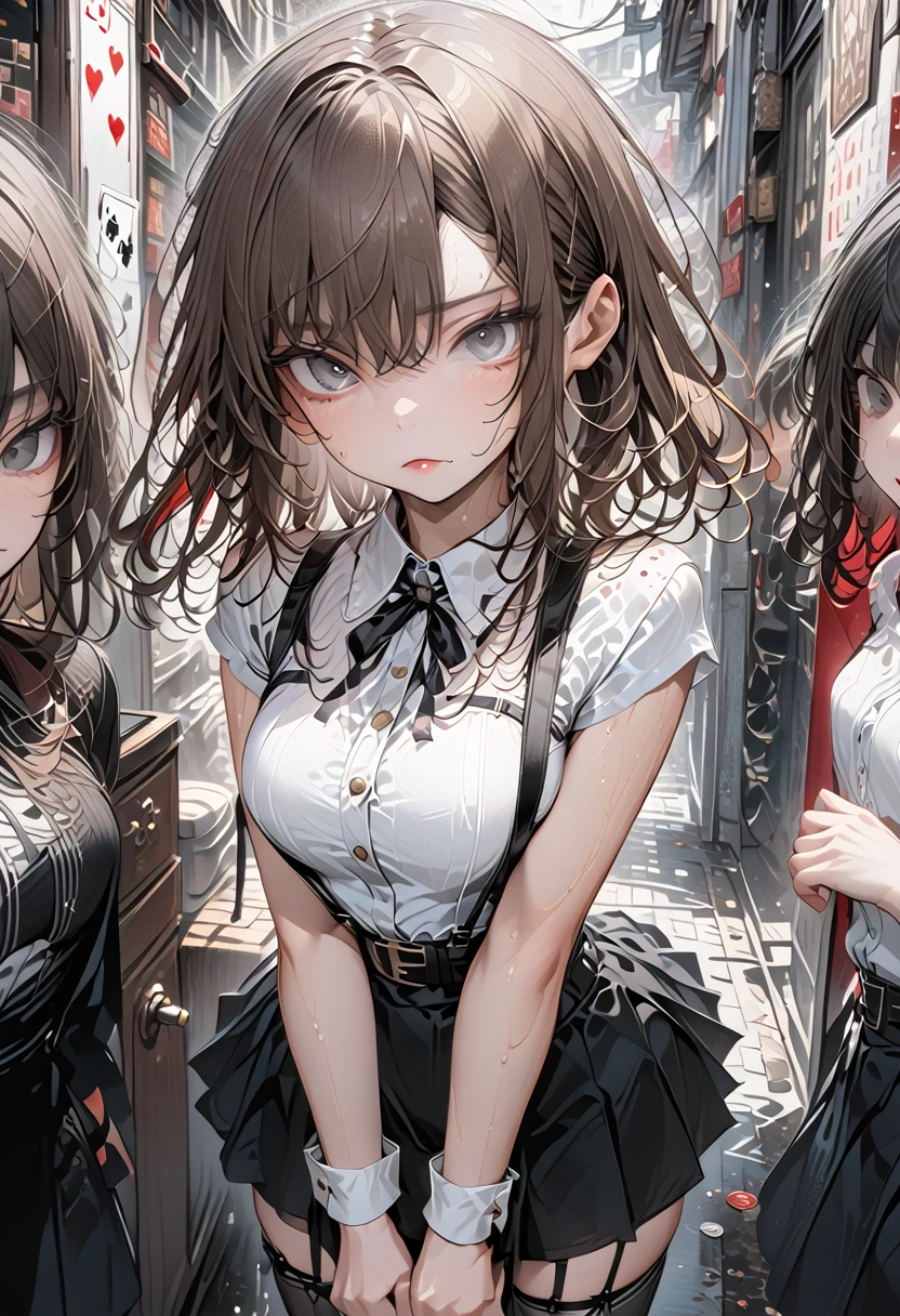  ai-generated,Black Skirt, 　suspenders, Brown Hair、Grey Eyes, Put garters on the legs, Tight clothing, 　　 belt　Underarm sweating　　poker face　Medium chest