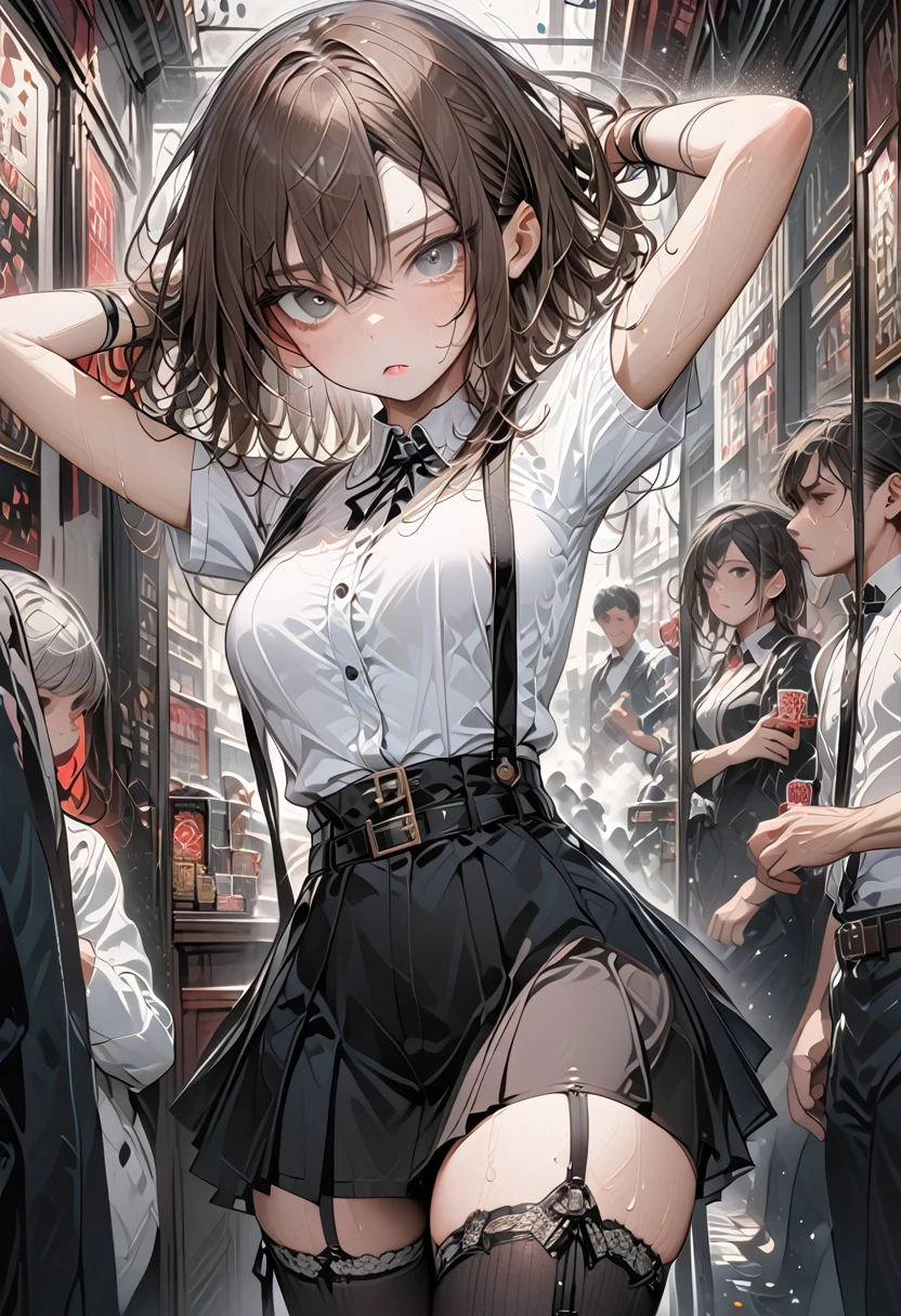  ai-generated,Black Skirt, 　suspenders, Brown Hair、Grey Eyes, Put garters on the legs, Tight clothing, 　　 belt　Underarm sweating　　poker face　Medium chest