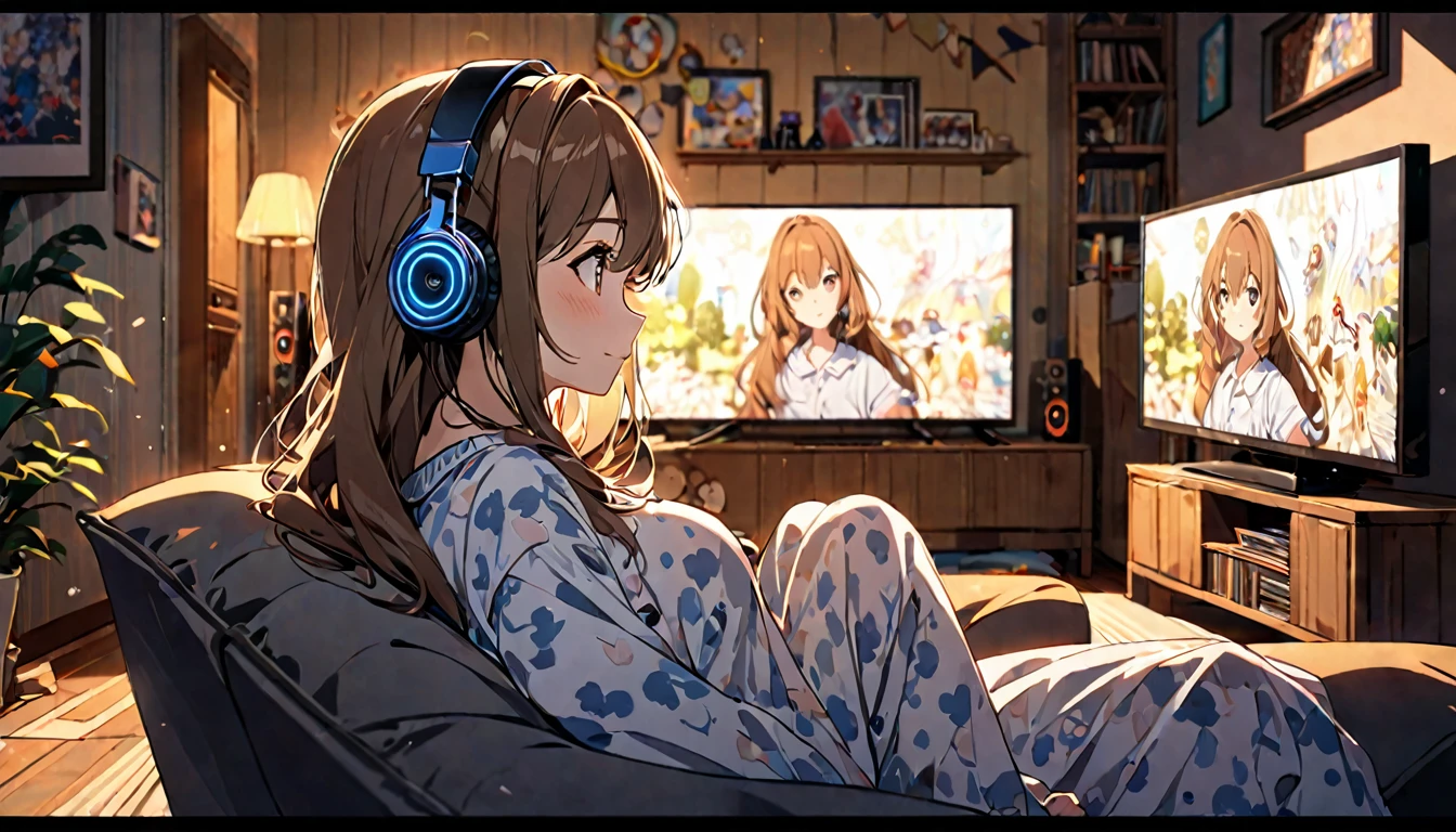 (Brown-haired girl wearing headphones), (Watching movies at home), (Very detailed, masterpiece, Highest quality, bright), (Anime Style)
background: Cozy living room look: Concentrating on the movie, looking happy, costume: Casual pajama pose: Sitting on the sofa、Relaxing scene with remote control: A movie scene projected in a dimly lit room
