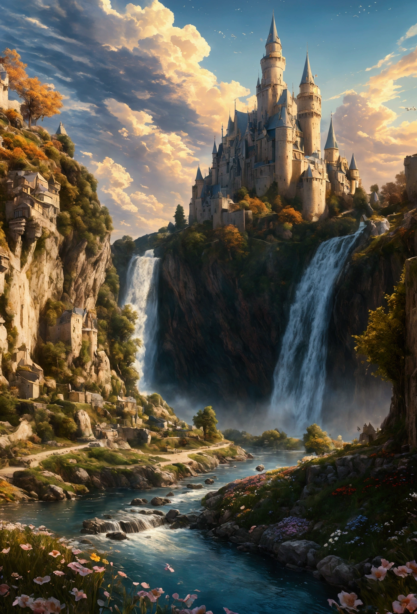 masterpiece, Best Quality, high quality, extremely detailed CG unit 8k wallpaper, landscape, exterior, sky, cloud, day, large medieval castle, nonhuman, Mountain, landscape, Water, tree, blue sky, Waterfall, cliff, nature, lake, river, village, autumn, cloudy sky, multicolored flowers, award-winning photography, bokeh, depth of field, HdR, bloom, chromatic aberration, photorealistic, extremely detailed, trend in artstation, trend in CG society, complex, High detail, dramatic, mid-journey art