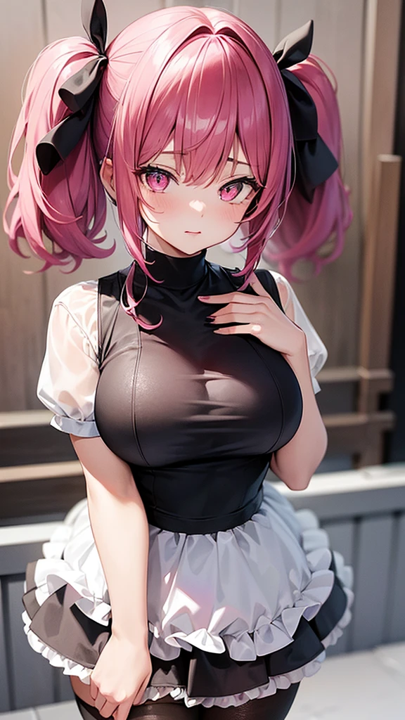 (Highest quality,High resolution,Very detailed,girl)black tights,Pink Hair,Twin tails and short hair,Height: 160cm,cute,Big Breasts,Pink Eyes,Wearing black clothes,Her eyes are white and shining,Has bright white eyes,Has a shy look,I&#39;ll lift up my skirt,I get pushed onto the bed,