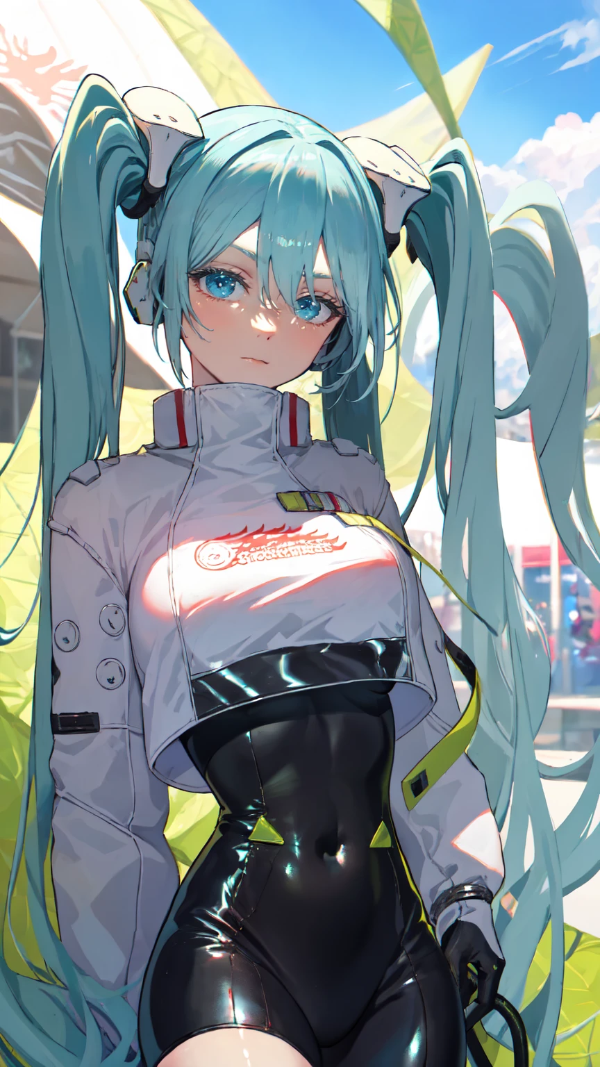 (masterpiece, Highest quality), Backlight, Lens flare, Wide Shot, Fisheye Lens , (Face Focus, Written boundary depth, close: 1.5), Super Detail, shape, colorful, (Fault Color: 1.3), (Immidshot: 1.3), video, Wide-angle, Upper Body, miku hatsune, ((Big Breasts)), Spotless, Dark green hair, Twin tails, Very long hair, Place your arms behind your back, blue eyes, Glowing Eyes, Relaxed face, eyebrow, Shiny Hair, Glowing Skin, A light smile, racing Miku, Black bodysuit, Cropped jacket, White jacket, Long sleeve, Two-tone gloves, Thigh-high boots, bright, Beautifully detailed skies, city, street,