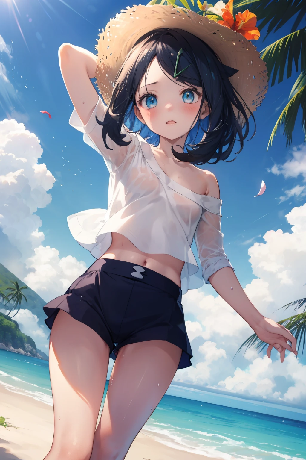 ((nsfw)), Detailed depiction of nipples,  12 years old, cute, (masterpiece, Highest quality, 8K ultra-high resolution:1.4), Pokemon Riko, (tropical, Beachside, Flowers: 1.4), Written boundary depth, Focus of the film, From a dramatic angle, Emotional composition, Emotional engine full throttle BREAK Young and cute girl, Slender body, Flat Chest, Provocative, Embarrassed face, Expressions of affection, Highly detailed glossy skin,Sweat,  topless, Exposed breasts, Shorts, Wet and shiny thighs, 完璧なPokemon Rikoトップブレイク
, Wind, detailed in the Wind, petals dancing in the Wind
BREAK
ultra detailed crystal eyes, Eyes like shining jewels