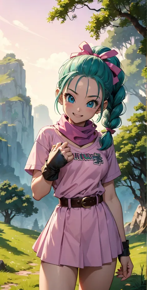 masterpiece, best quality, high resolution, dragon ball, blmpony, aqua hair, hair ribbon, braided ponytail, pink shirt, belt, sc...