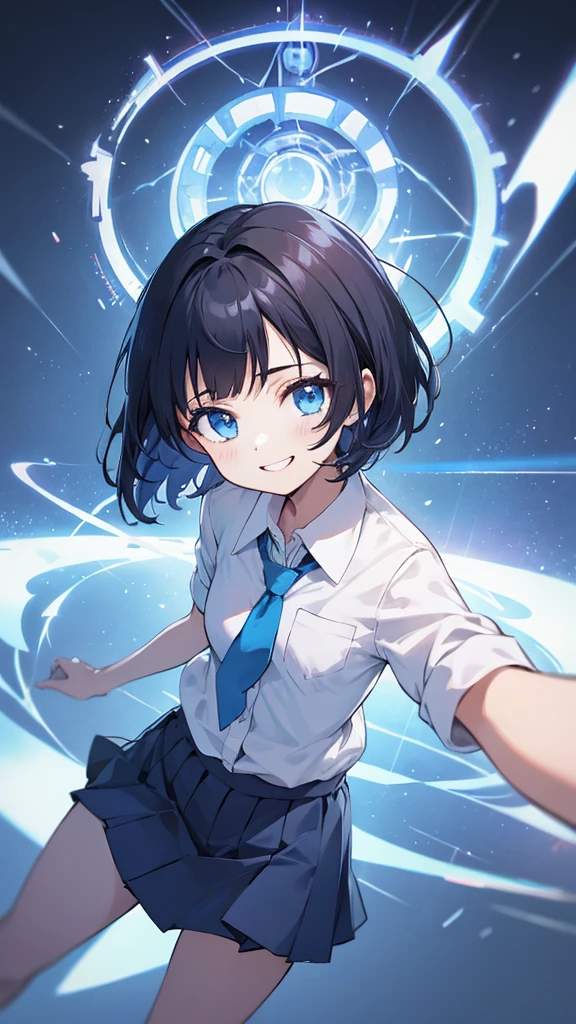 1girl, Short hair, small size, black hair color, Blue eyes, She wears school clothes, a white shirt, Short blue skirt, and a blue tie, smile, light smile, anime, cinematic lighting, first-person view, UHD, 4K,The eye gate is clear,White background