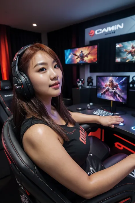 neon pro gaming room, ((2persons in 1 image)), ((naughty very beautiful south korean-indonesian hybrid girl gamers with 1old_man...