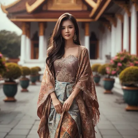 full body image, a beautiful woman from indonesia with long straight hair wearing a closed kebaya and batik cloth on a skirt, we...