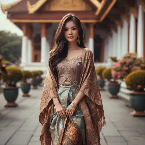 full body image, a beautiful woman from indonesia with long straight hair wearing a closed kebaya and batik cloth on a skirt, we...