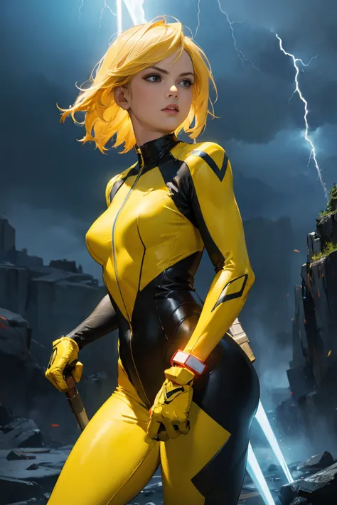 a powerful thunder ranger with a beautiful face, small breasts, wearing a tight suit, with yellow hair, wielding alien weapons, ...