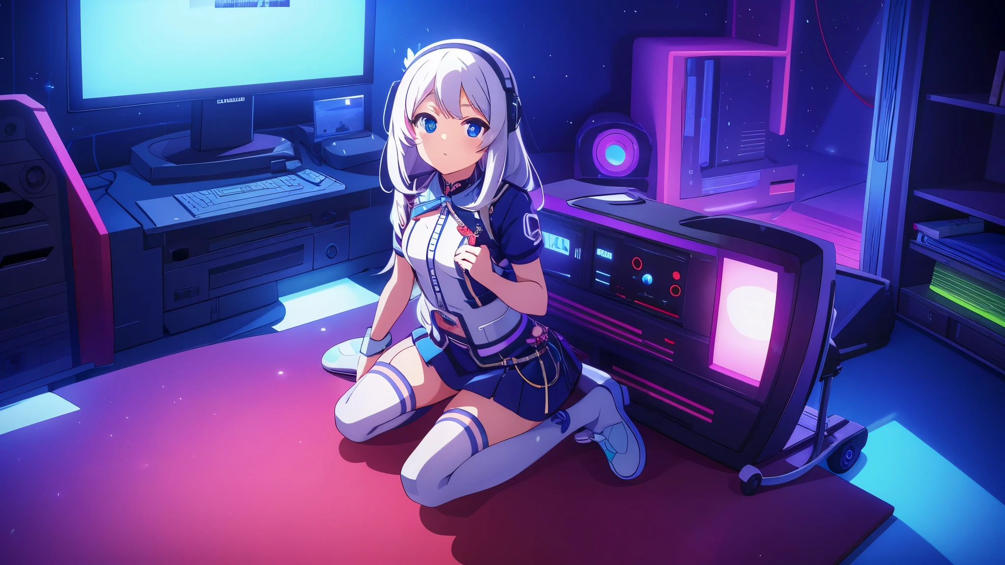 1 beautiful girl excellent quality perfect anatomy vtuber white hair light blue eyes long stockings in the room rgb led pc gaming full body Mini skirt small breasts