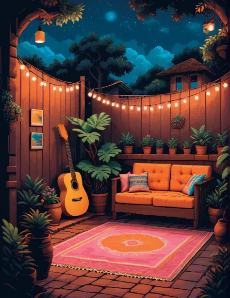 wide view, cozy terrace, sofa, orange string lights, leafy tropical plant pots, gypsy aesthetics, starry pink blue sky, earthy t...