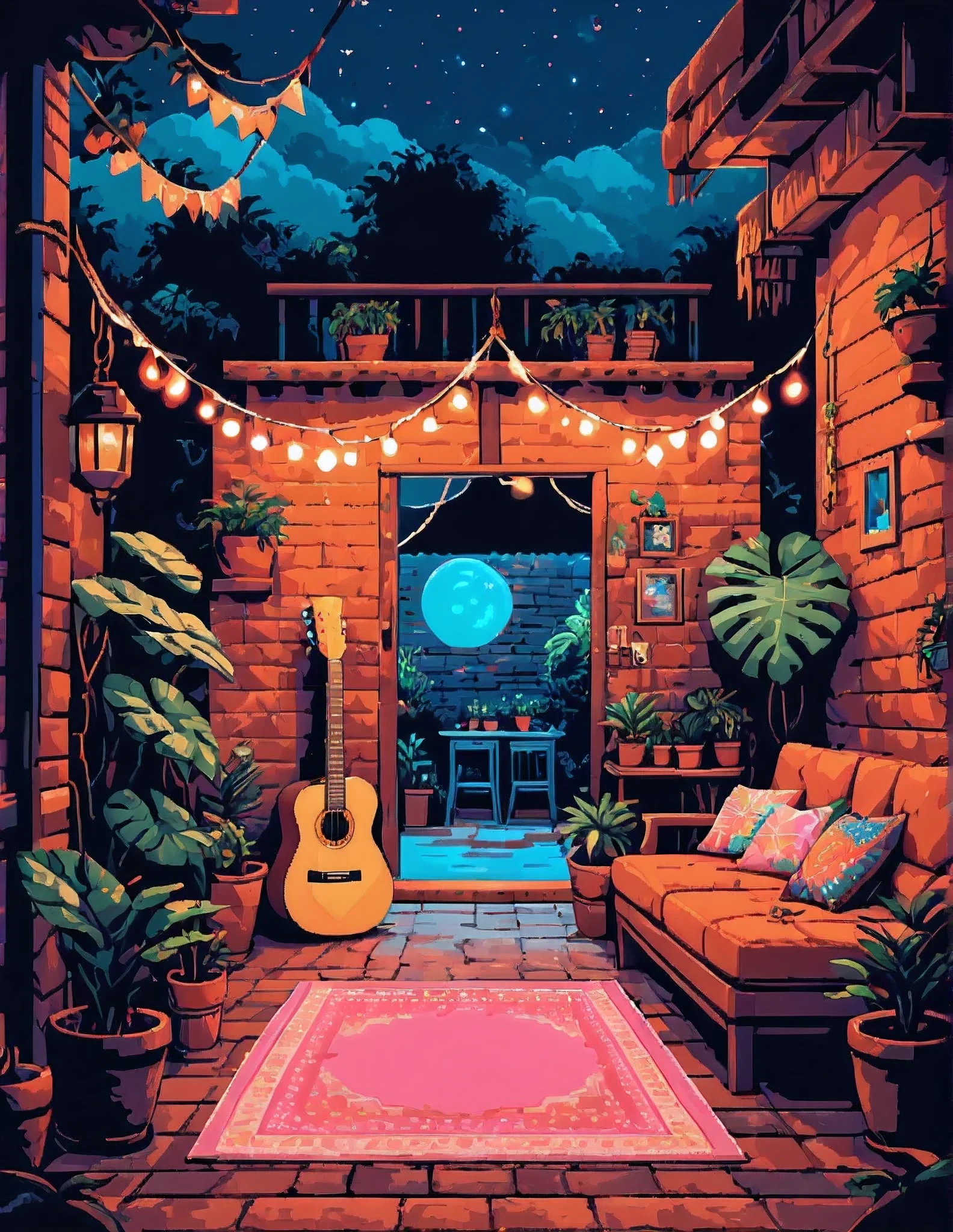 wide view, cozy terrace, sofa, orange string lights, leafy tropical plant pots, gypsy aesthetics, starry pink blue sky, earthy tones, colorful string lights, guitar, shed, boho carpet, decorations, cozy atmosphere, night time, micro landscape, intrinsic details