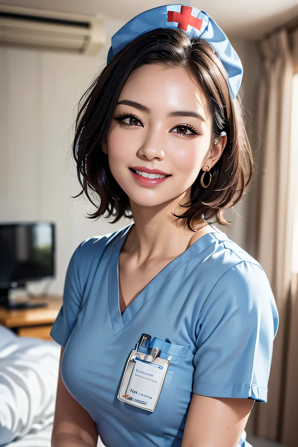 (masterpiece, Realistic, Highest quality, 8k), (1 female), mature, (Wearing a nurse cap and short nurse uniform), grin, Bob Hair, (background: Hospital room)