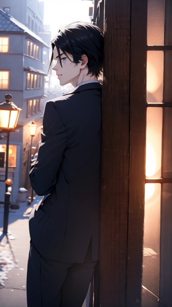 1 Boy, medium light black hair, blue eyes, wearing Black Suit 4D , night TOWN , high res, ultrasharp, 8K, masterpiece, looking from behind