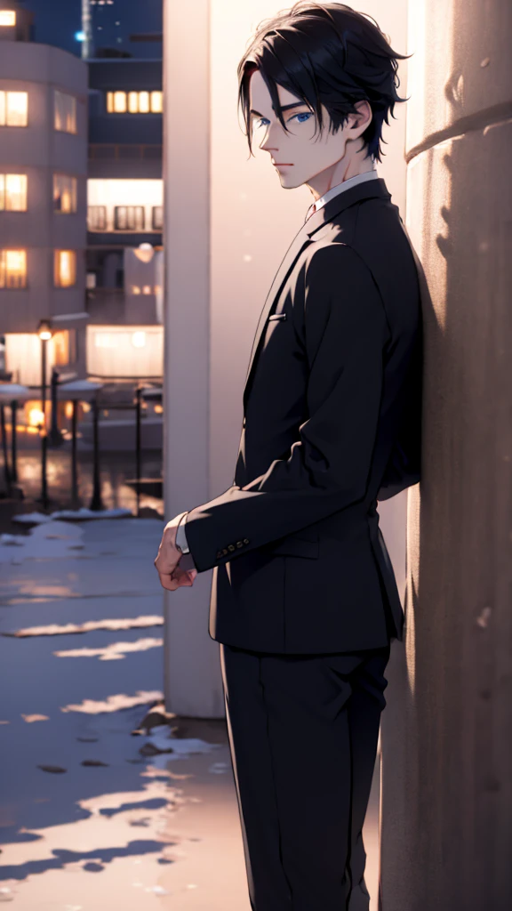 1 Boy, medium light black hair, blue eyes, wearing Black Suit 4D , night TOWN , high res, ultrasharp, 8K, masterpiece, looking from behind