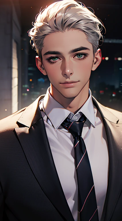 (Highest quality,4K,8K,High resolution,masterpiece:1.2),Super detailed,(Realistic,photoRealistic,photo-Realistic:1.37),1 person,34 years old,Mature Men,Beautiful skin、very handsome,Expressionless smile in love,Short gray silver hair,green eyes,Sharp Eyes,A perfect face without a doubt,Businessman, CEO, Office Background,Cinema Lighting,HDR image,tie、