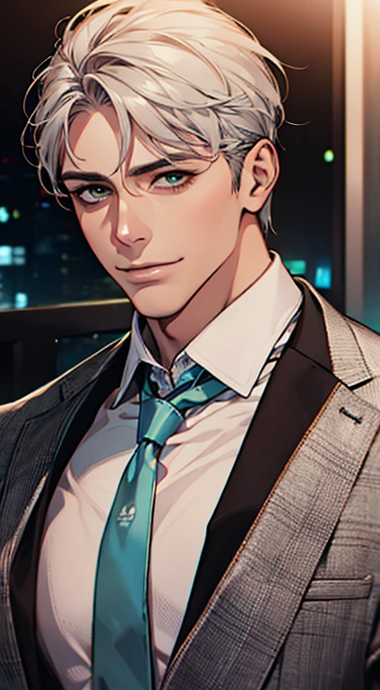 (Highest quality,4K,8K,High resolution,masterpiece:1.2),Super detailed,(Realistic,photoRealistic,photo-Realistic:1.37),1 person,34 years old,Mature Men,Beautiful skin、very handsome,Expressionless smile in love,Short gray silver hair,green eyes,Sharp Eyes,A perfect face without a doubt,Businessman, CEO, Office Background,Cinema Lighting,HDR image,tie、