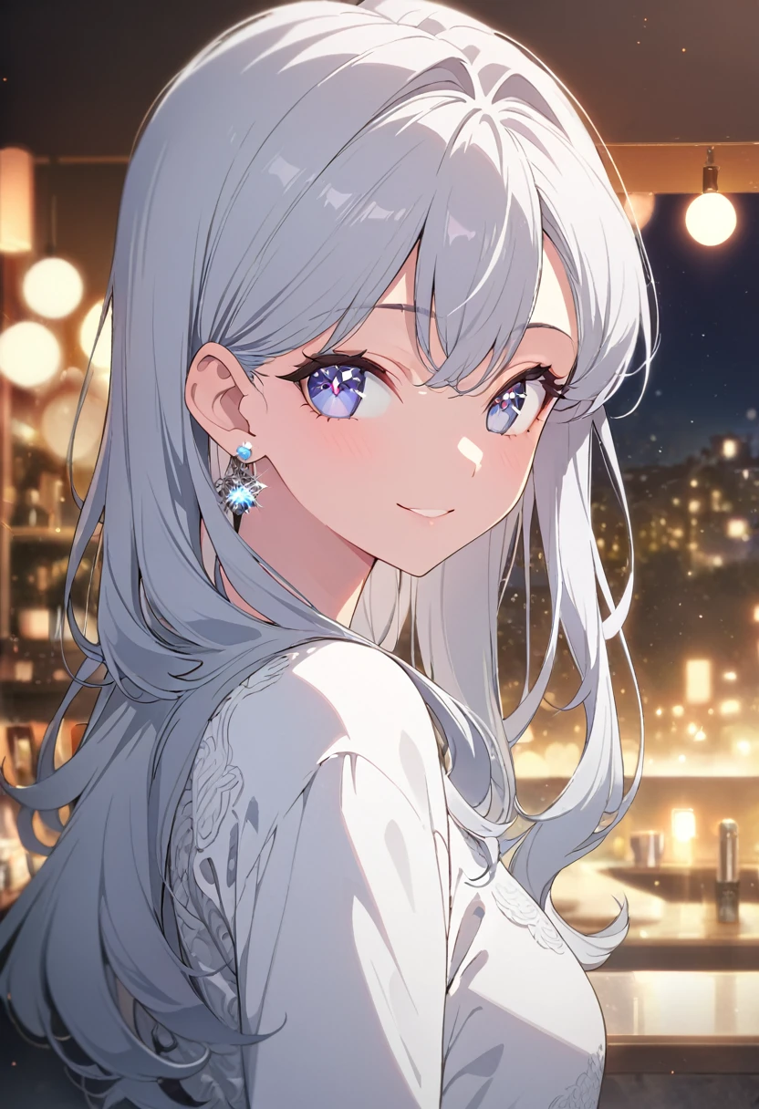 1.5, best quality, high quality, High definition, High quality texture, high detail, beautiful detailed, finely detailed, extremely detailed cg, detailed texture, ((ANIME)), 1girl, woman, female, ((trendy)), model, silver hair, starry eyes, beautiful, long hair, smiling, kind
