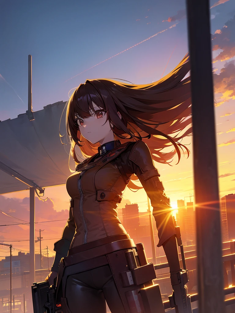 (masterpiece:1.2, Highest quality),(Colored Background) (Beautiful attention to detail: 1.2), (Highly detailed CG Unity 8K wallpapers, masterpiece, Highest quality, Very detailed, Best Shadow), (Detailed Background) ,arms(With a long stick),alone ,1 Robot. Cityscape, building, Skyline, sunset, Silhouette against a cloud background, meditation. Watching the beautiful sunset, sunset時に, sunset時, sunsetとともに, In the sunset, Nice views, Sunset view, With the sunset, sunset時に, During Golden Hour, looking sunset時に, Sunset in the background, Watching the sunset, In the spotlight, holding_gun, assault_rifle, Very detailed, Brown Hair, Long Hair, Anime Style, whole body, alone, Stylish Gunfighter Girl, Holding a steampunk long barrel pistol,Standing in the wasteland, 8K high resolution, White Background, The background is a dark and desolate landscape, Horror movie atmosphere. Her figure is very beautiful, Emphasizing the dark and crazy elements. Skillfully expressing the effects of light and shadow, Anime girls with guns and rifles, from Girls&#39; Frontline, mechanized soldier girl, Girls&#39; Frontline style