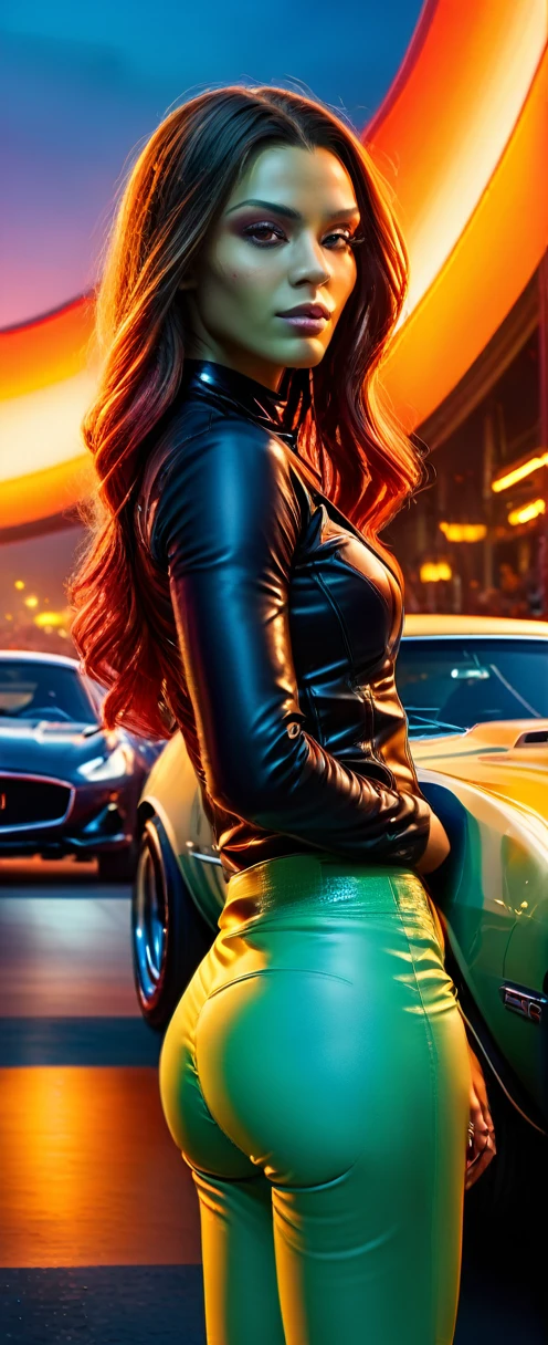 A young (( skswoman
 )), wearing a tight, fitted metal collar wearing (tight, fitted, snug) high cut booty shorts and cropped shirts stands between two (powerful, sleek) Muscle Cars to start a race, engine roaring, in the backdrop of a vibrant Sunset. (Best quality, 4k, highres, masterpiece:1.2), ultra-detailed, (realistic, photorealistic, photo-realistic:1.37) prompt, with (HDR, UHD) quality and (studio lighting, sharp focus), , bright light, perfect eyes, skin blemish, detailed skin, full person, blacklight makeup,ambr1
