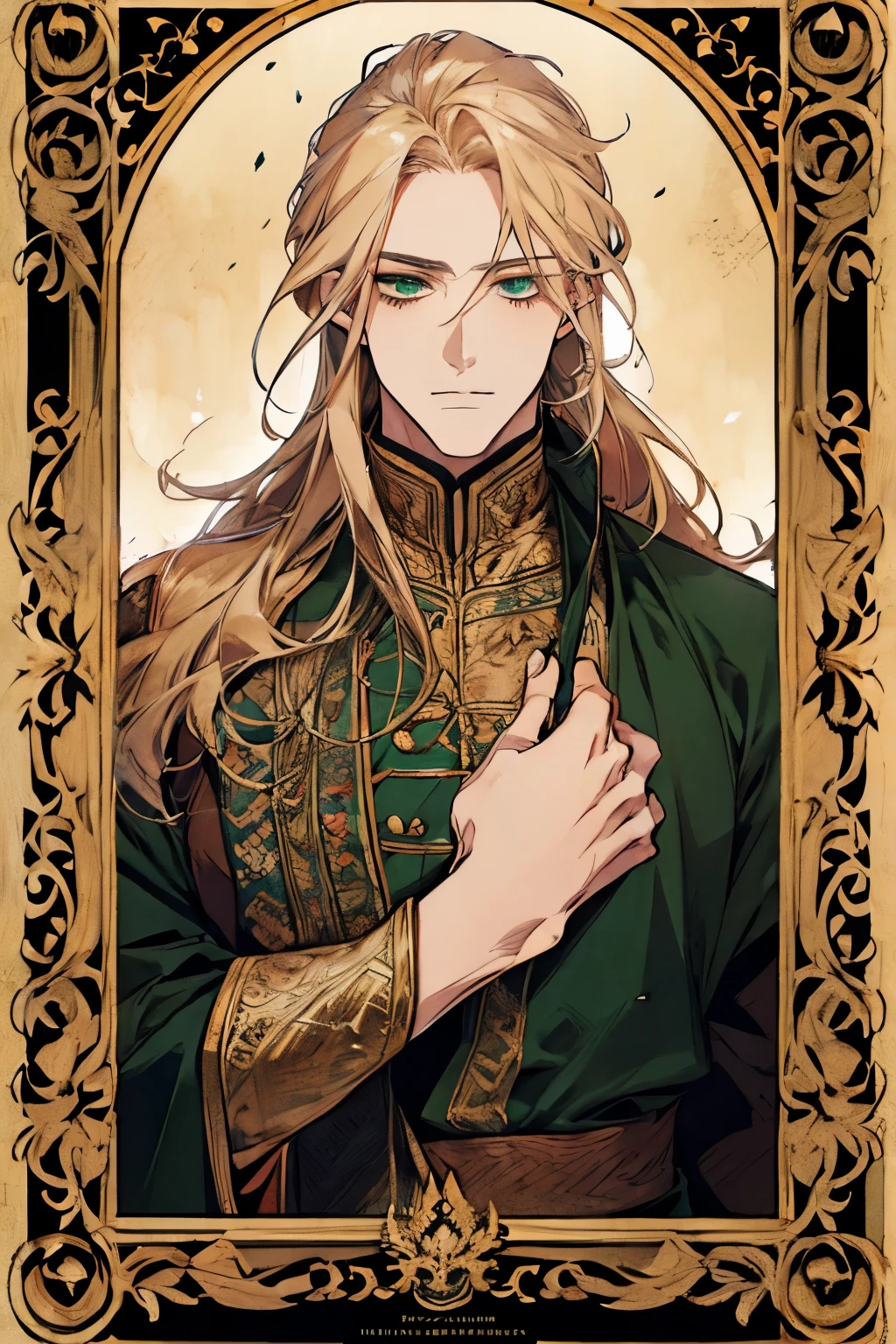 handsome masculine man, green eyes, ash blond hair, shoulder length long hair, green medieval noble clothes, light skin