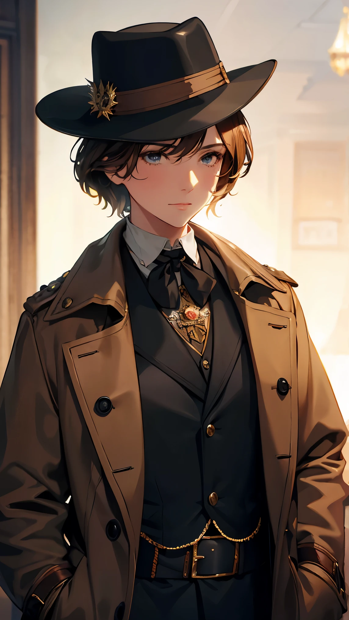 brown hair, short hair, backlighting, masterpiece, accurate, anatomically correct, super detail, award winning, 16k, best quality, high details, high quality, Sherlock Holmes, deerskin hat, Inverness coat, Detective, A beautiful woman dressed in British gentleman style, Britain in the late 19th century