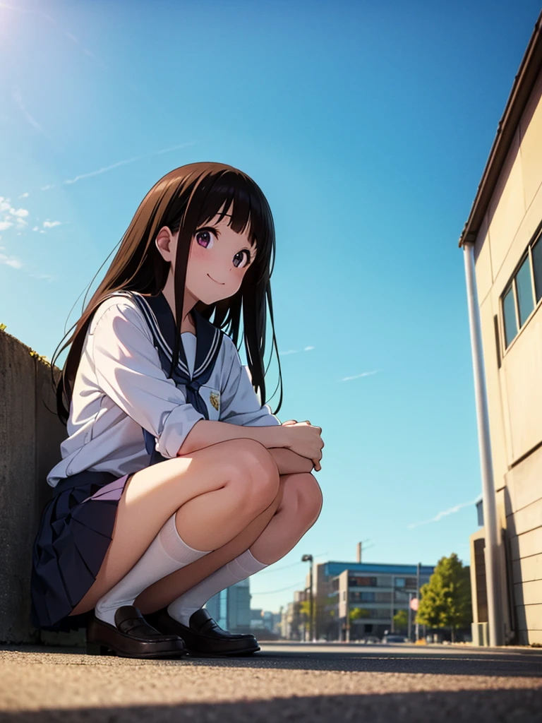 masterpiece, best quality, absurdres, detailed, portrait, 1girl, (Chitanda Eru:1), high school wear, sitting, white panties, squatting, from below, looking down, look at viewer, smile, closed mouth, black knee-high socks, brown loafers. outdoors, city, sky, Beautiful background,Golden ratio,(perfect human anatomy),(Beauty of form:1.4)