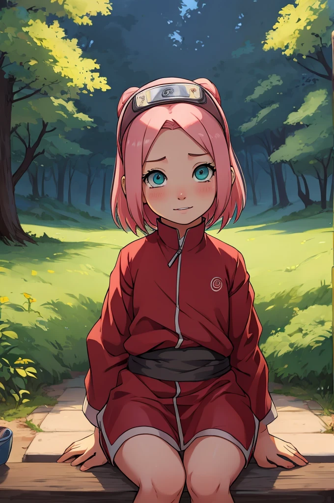 Nsfw, forehead without( patterns, drawings, spirals), ((ultra quality)), ((masterpiece)), girl 5 years old, Haruno Sakura as a child, naruto, face (maximum shame:5, Ahegao:1.5, fear:1), carefree happy childhood, the girl plays carefree, happy child, naked