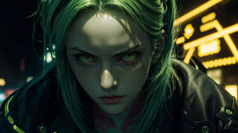 rebecca from cyberpunk, yellow neon lights, green hair, the artwork is rendered in an edgy and realistic style, with high attent...