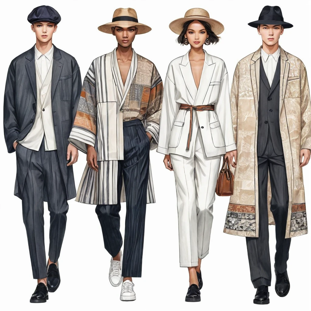 candid fashion illustration a group of young 2man and 1girl, aged 18-23 year old, tall and slender, Mixed race male super model, ((showcase fashionable Lenin outfits inspired by designer Christian Dior resort collection)), in elegant modern Mixed patchwork or collage of ethnic cloth details, e-co print, natural Earth tone color. The 1st man wears an oversized shirt with embroidery and lace details, paired with slim-fit Pants. The 2nd man complements him in a shirt decorate with lace and an oversized Yukata Jacket with ethnic woven details, paired with big striped Drawstring short. a woman wears patchwork skirt with short-sleeved boluses, frill-trimmed neckline with minimal lace detail, and completes the look with white ensemble includes an accessorizes with a wide-brimmed straw hat, white sneakers. Captured in a ((full-body image)), simple model pose, ((simple water-color on white paper background)), realistic pencil lines, imperfect drawing, charcoal lines detail, fading sketch, fashion Sketching, low angle view, (full body image)