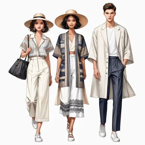 candid fashion illustration a group of young 2man and 1girl, aged 18-23 year old, tall and slender, Mixed race male super model,...