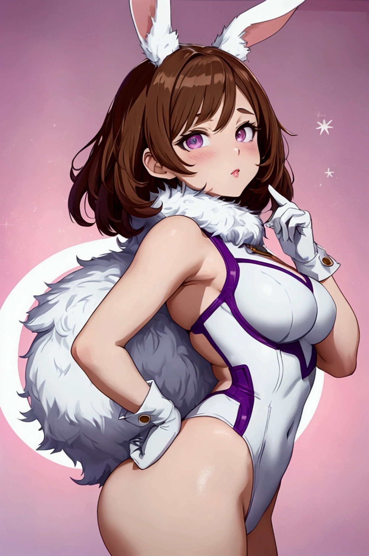 Ochaco Uraraka, 1girl, anime, hair cafe, short hair, sexy, big aass (best quality: 1.3), (4K quality), best quality, high resolution, detailed, (detailed face: 1.2), (detailed eyes: 1.2) , (Figure perfect: 1.2), looking at viewer, (1 girl), boku no hero academia, rabbit ears, woman)), sleeveless, white gloves, white leotard, fur collar, purple thighs, white background, leotard white, mirko costume, big ass, back