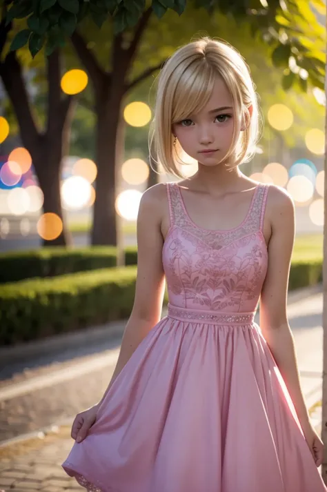 16 years old slender mandy, blonde, pink dress, ttcolor, bokeh effect,  .