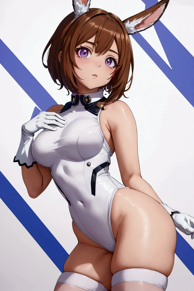 Ochaco Uraraka, 1girl, anime, hair cafe, short hair, sexy, big aass (best quality: 1.3), (4K quality), best quality, high resolution, detailed, (detailed face: 1.2), (detailed eyes: 1.2) , (Figure perfect: 1.2), looking at viewer, (1 girl), boku no hero academia, rabbit ears, woman)), sleeveless, white gloves, white leotard, fur collar, purple thighs, white background, leotard white, mirko costume, big ass, back