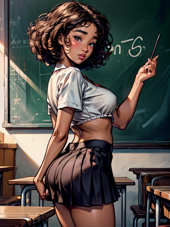 (Amandla Stenberg), young girl face, beautiful school girl, 1girl, dark brown skin, light brown afro hair, blushing, raising her skirt, cute white panty visible, buttocks, cute bum, cute butt,detailed face, big detailed eyes, detailed eyes, detailed lips, pink lipgloss, long eyelashes, intricate uniform, white shirt, open collar, firm chest, e cup tits, small breasts, slim athletic body, black pleated skirt, slender thighs, (best quality,4k,8k,highres,masterpiece:1.2),ultra-detailed,(realistic,photorealistic,photo-realistic:1.37),HDR,UHD,studio lighting,ultra-fine painting,sharp focus,physically-based rendering,extreme detail description,professional,vivid colors,bokeh,photorealistic,elegant,cute,charming; classroom, benches, chalkboard writing, realistic detailed hands,