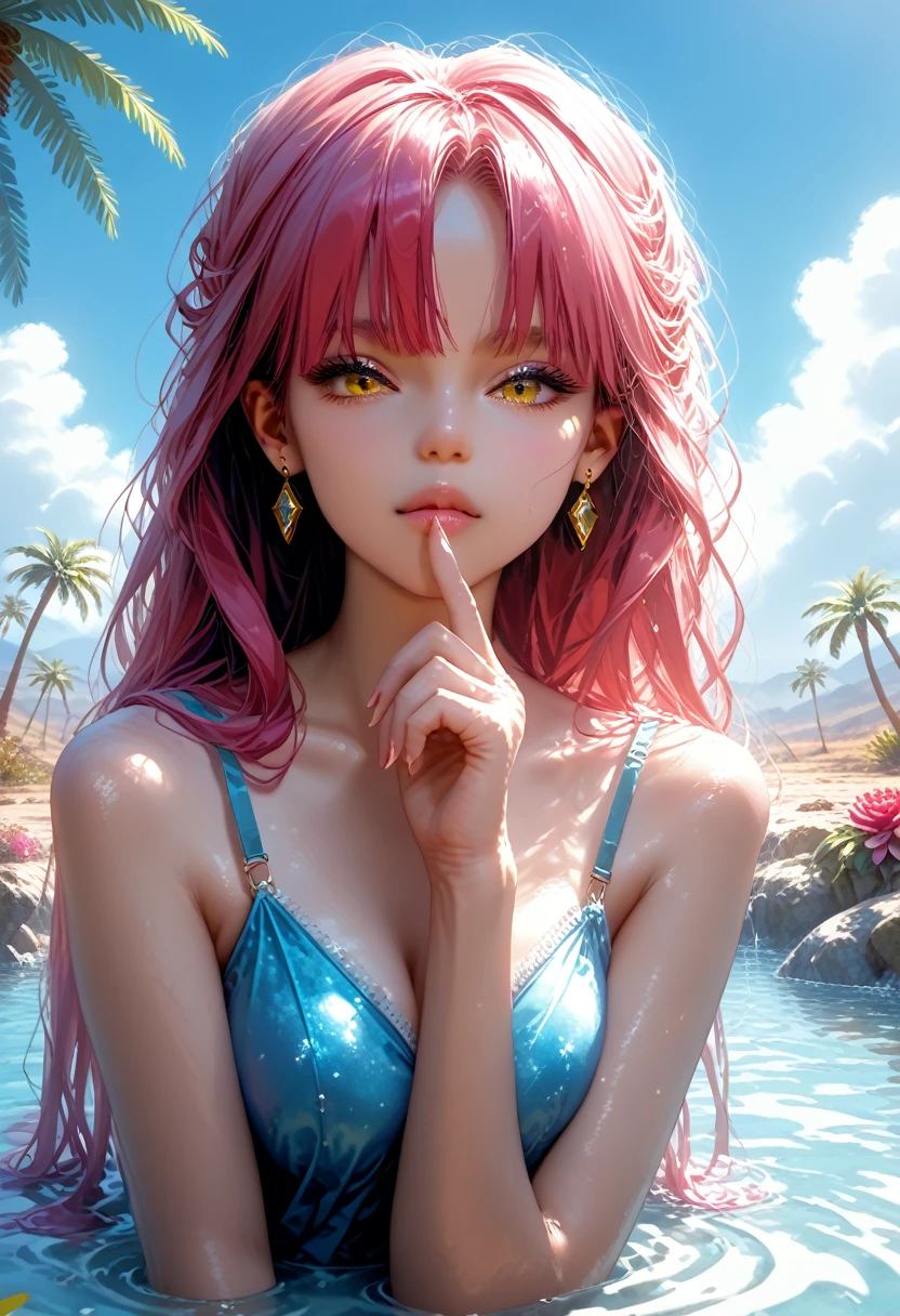 Beautiful Girl with a Nice Figure, Nearby Camel, sexy, Standing tall at the Oasis in the Desert, Bowing His Head to Drink Water, scoops up water with his hand,looks at the viewer, Two hair colors(Bright red with yellow), The glitter falls on her,Very Colorful Picture, bright colors, masterpiece, Palm trees and greenery around the Oasis, Ripples on the water, Clear and Colorful Details, some Thorns and Flowers, pfstyle,cinematic film still,score_9,score_8_up,score_7_up,masterpiece,best quality,8k,source_cartoon,source_アニメ