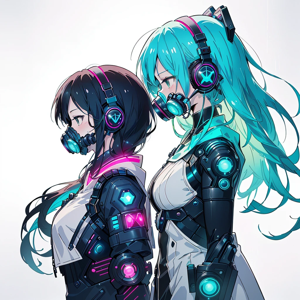 One girl,Triangular composition、(((Highest quality、masterpiece、Official Art、Very detailed、Anime Style、Best dynamic composition、profile、Perfect Anatomy)))、 Headphones,Cyberpunk Cool clothes with vibrant cyan patterns, Vibrant colors, neon, White Background、gas mask、
