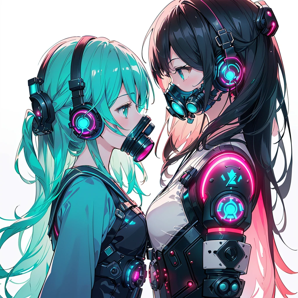 One girl,Triangular composition、(((Highest quality、masterpiece、Official Art、Very detailed、Anime Style、Best dynamic composition、profile、Perfect Anatomy)))、 Headphones,Cyberpunk Cool clothes with vibrant cyan patterns, Vibrant colors, neon, White Background、gas mask、
