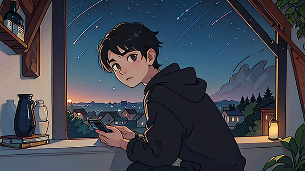 Create a scene of a 15 years boy looking outside, mad facial expression, n a calm and relaxed environment, black hair, seen from behind, looking at the horizon, at night, and through the window you can see fireflies and a beautiful landscape full of stars at night, character with a lot of detail in the face, hands and hair, holding a phone, facing the phone, wearing black hoodie, blackpants, 