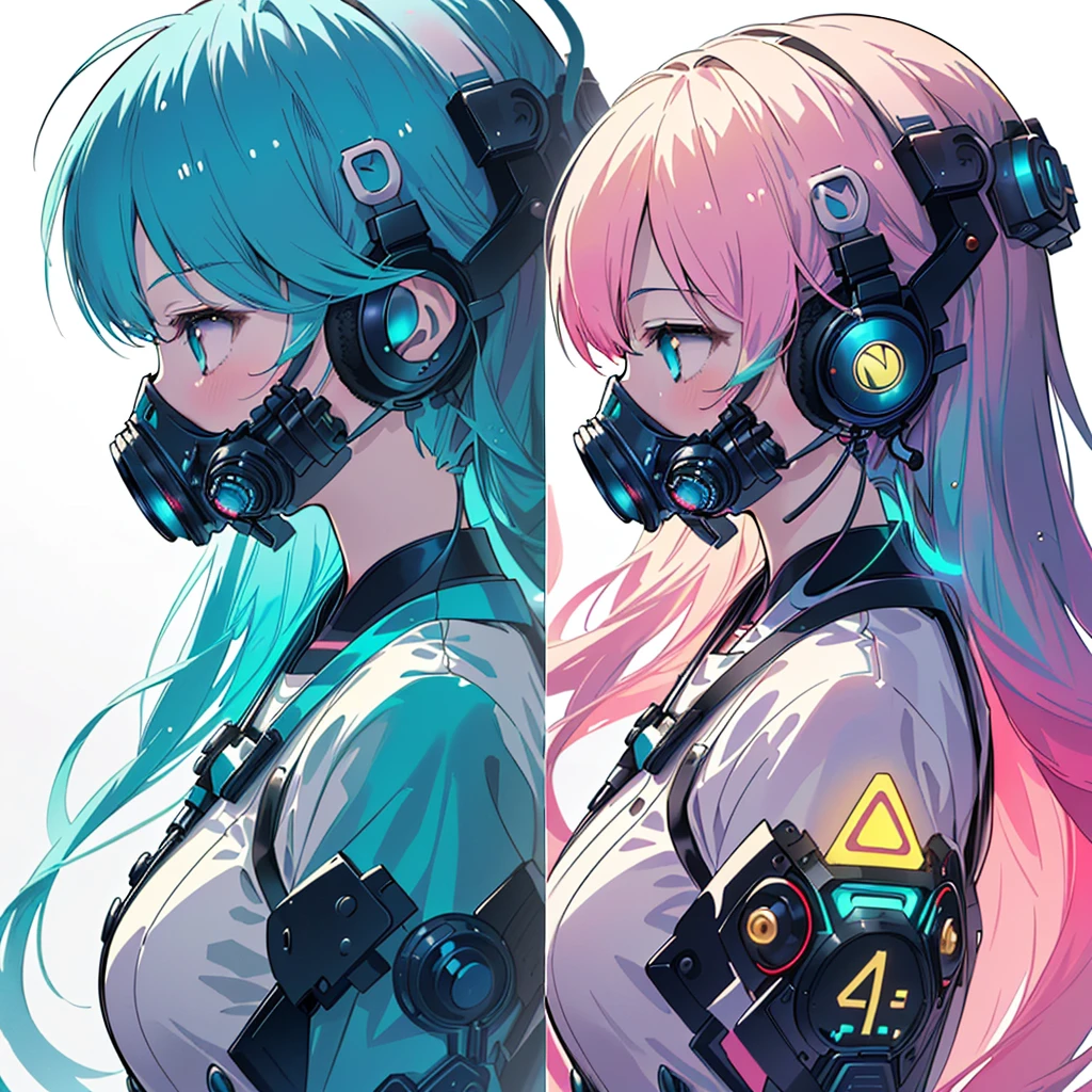 One girl,Triangular composition、S composition、Square Composition、×Composition、Golden Ratio、(((Highest quality、masterpiece、Official Art、Very detailed、Anime Style、Best dynamic composition、profile、Perfect Anatomy)))、 Headphones,Cyberpunk Cool clothes with vibrant cyan patterns, Vibrant colors, neon, White Background、gas mask、
