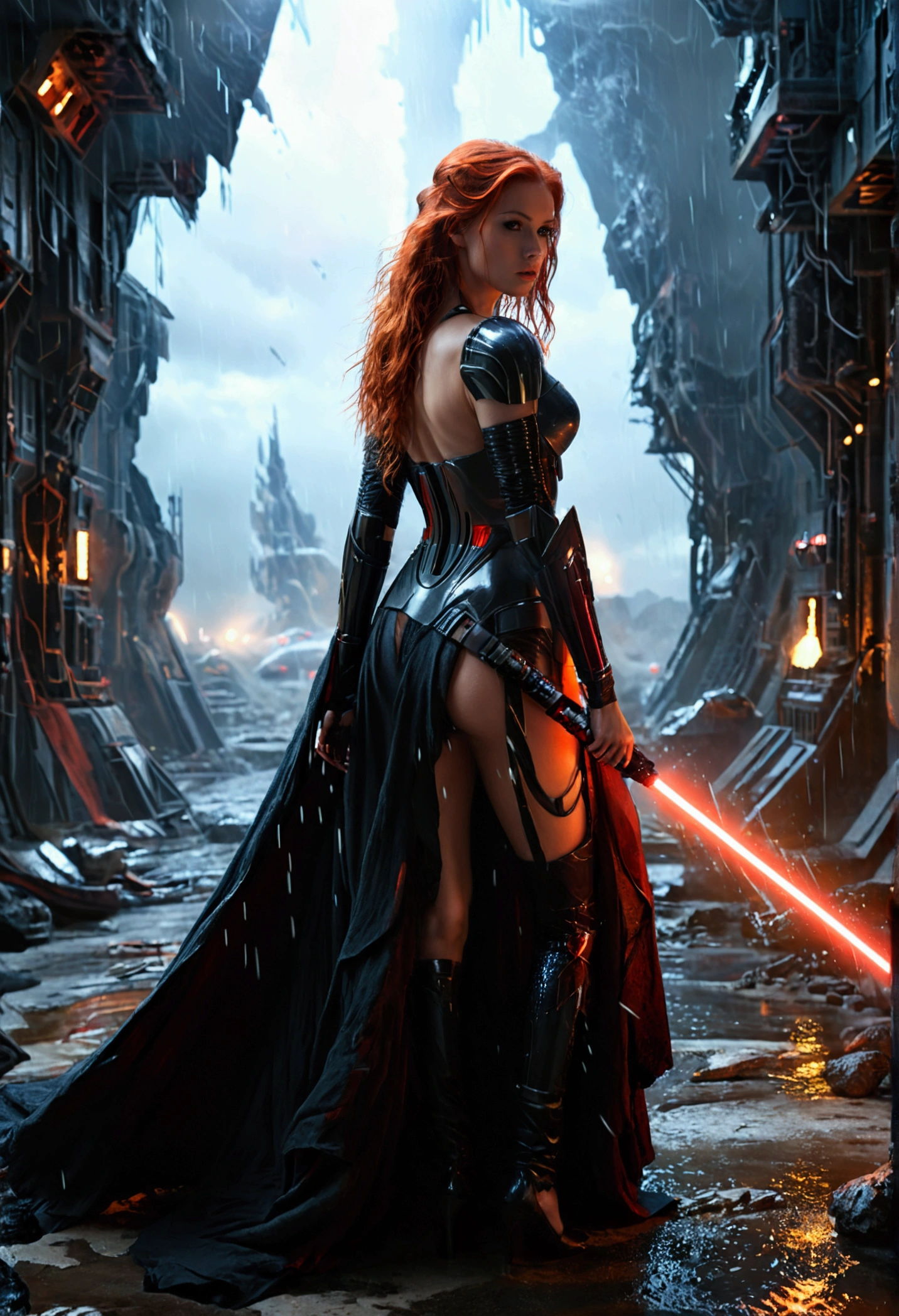 (full body shot:1) photorealistic image of a (standing pose:1) woman, ultrarealistic, photography, long red hair, woman, 24 years old, hourglass figure, perfect body, seductive look, natural medium breasts, blur background, in complete darkness, she is wearing a sith robe, she is holding a red lightsaber, the lightsaber is the only lightsource, on a dark destroyed space colony outside, it is raining, there is lightning in the background, she is walking towards the camera, explosion in the background, long sexy legs, wet clothes, wet hair