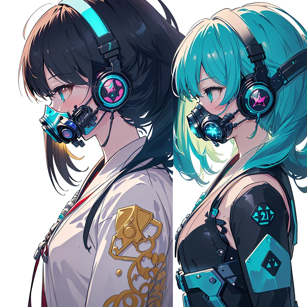 One girl,Triangular composition、S composition、Square Composition、×Composition、Golden Ratio、Art University Entrance Exam Painting、(((Highest quality、masterpiece、Official Art、Very detailed、Anime Style、Best dynamic composition、profile、Perfect Anatomy)))、 Headphones,Cyberpunk Cool clothes with vibrant cyan patterns, Vibrant colors, neon, White Background、gas mask、
