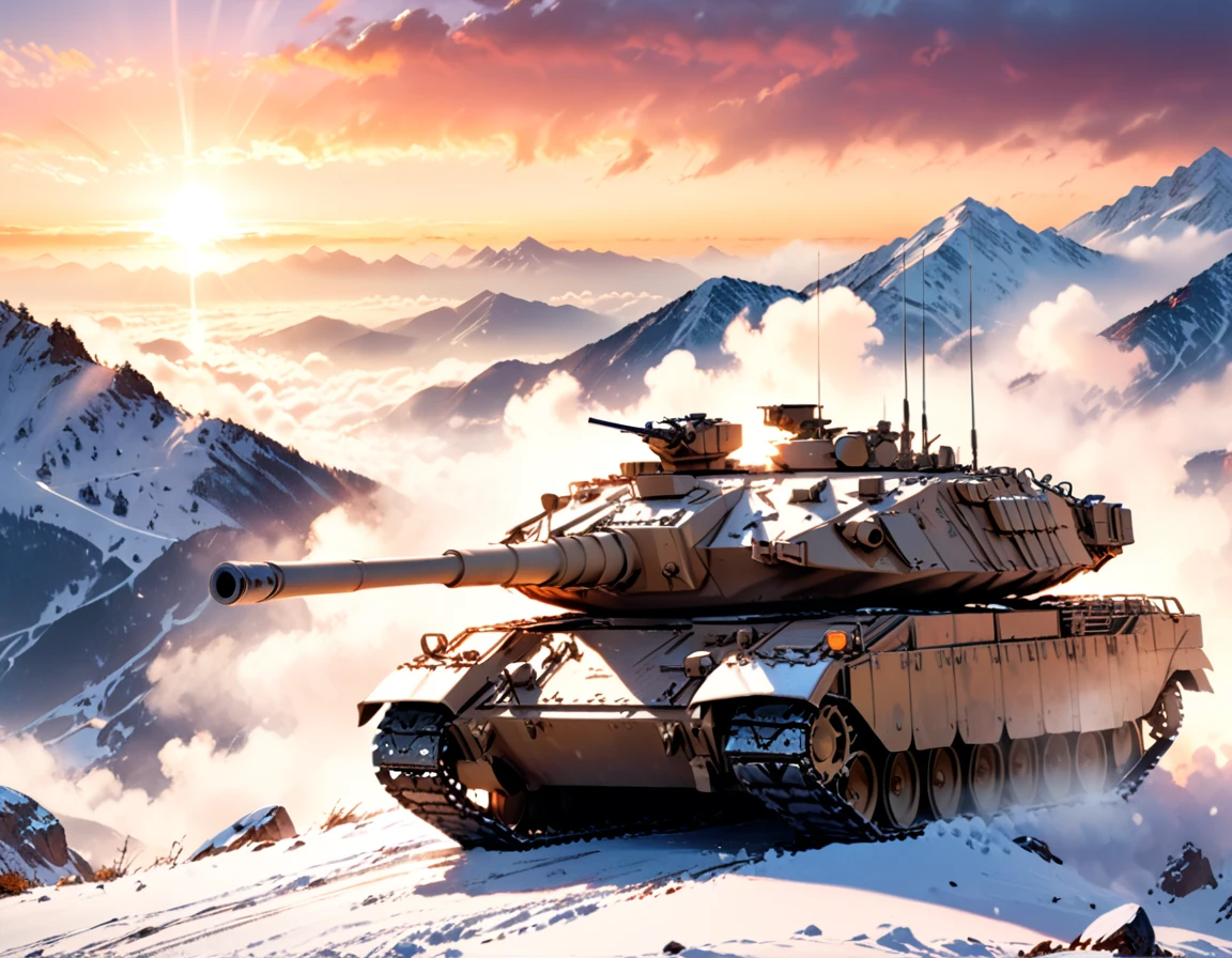 a picture of a Merkava tank on top of a snowy mountain watches the horizon at sunset, sun rays, some clouds, fog of war,  Ultra-high resolution, High Contrast, (masterpiece:1.5), highest quality, Best aesthetics), best details, best quality, highres, 16k, [ultra detailed], masterpiece, best quality, (extremely detailed)