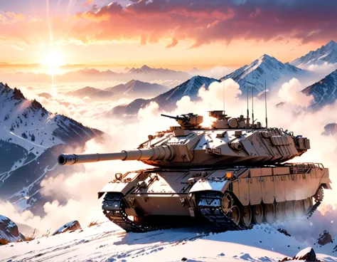 a picture of a merkava tank on top of a snowy mountain watches the horizon at sunset, sun rays, some clouds, fog of war,  ultra-...