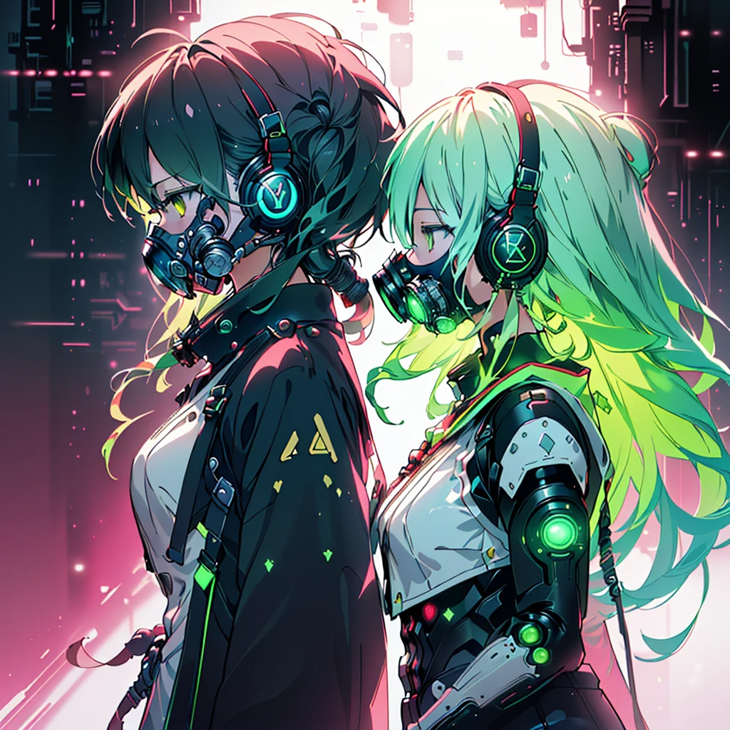 One girl,Triangular composition、S composition、Square Composition、×Composition、Golden Ratio、Art University Entrance Exam Painting、(((Highest quality、masterpiece、Official Art、Very detailed、Anime Style、Best dynamic composition、profile、Perfect Anatomy)))、 Headphones,Cyberpunk Cool clothes with vibrant cyan patterns, Vibrant colors, neon, White Background、gas mask、
