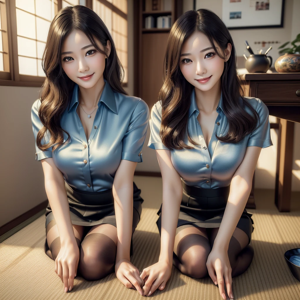 (best quality, masterpiece:1.5), (ultra-detailed, realistic:1.37),4K,(2woman:1.5),japanese,cute,beautiful,(silk office uniform:1.2),(skirt:1.2),(black pantyhose),(seiza),(big breast),(see through blouse),(bra),smile,