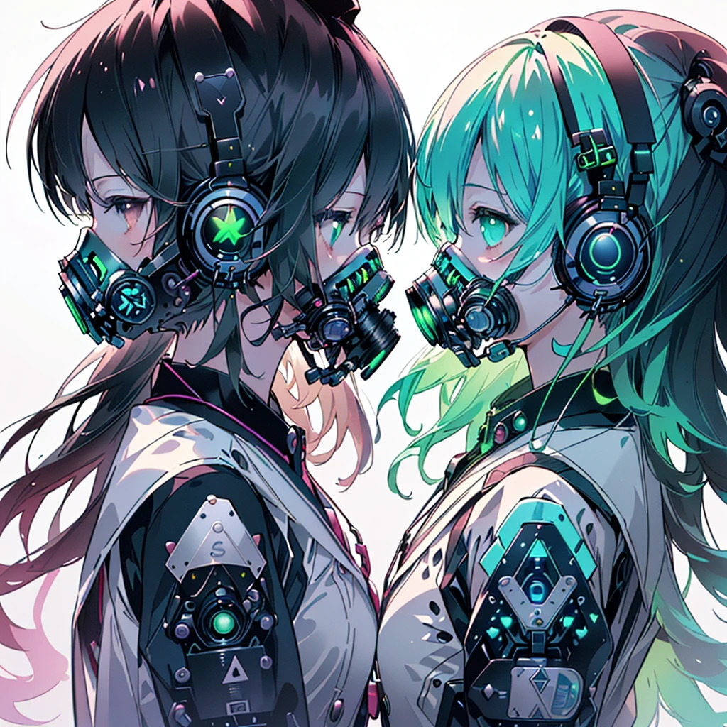 One girl,Triangular composition、S composition、Square Composition、×Composition、Golden Ratio、Art University Entrance Exam Painting、(((Highest quality、masterpiece、Official Art、Very detailed、Anime Style、Best dynamic composition、profile、Perfect Anatomy)))、 Headphones,Cyberpunk Cool clothes with vibrant cyan patterns, Vibrant colors, neon, White Background、gas mask、
