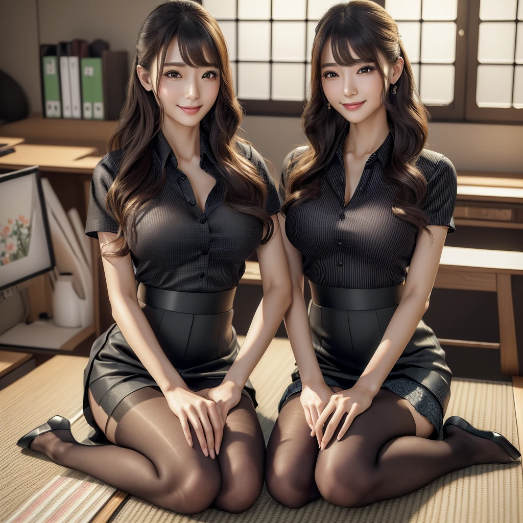 (best quality, masterpiece:1.5), (ultra-detailed, realistic:1.37),4K,(2woman:1.5),japanese,cute,beautiful,(silk office uniform:1.2),(skirt:1.2),(black pantyhose),(seiza),(big breast),(see through blouse),(bra),smile,