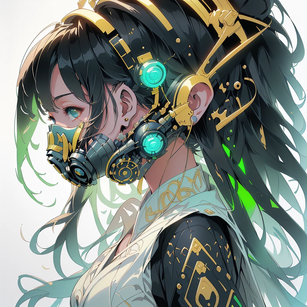 One girl,Triangular composition、S composition、Square Composition、×Composition、Golden Ratio、Art University Entrance Exam Painting、(((Highest quality、masterpiece、Official Art、Very detailed、Anime Style、Best dynamic composition、profile、Perfect Anatomy)))、 Headphones,Cyberpunk Cool clothes with vibrant cyan patterns, Vibrant colors, neon, White Background、gas mask、
